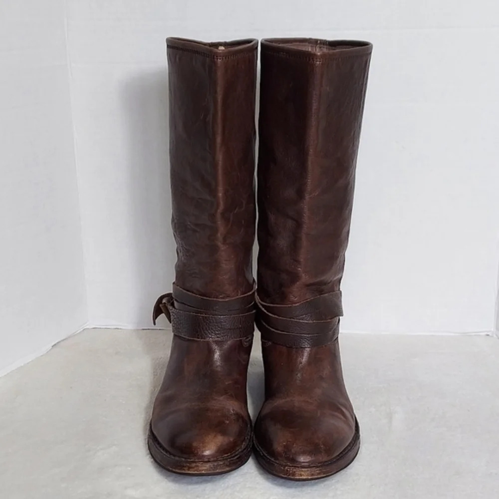 Vintage Shoe Company Distressed Brown Leather Boots Wrap Around Buckle Straps - Picture 3 of 12